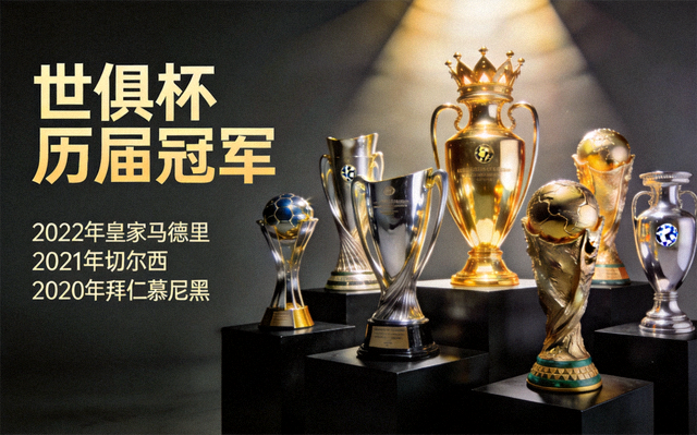 世俱杯历届冠军奖杯巡礼画面，奖杯在灯光下闪耀